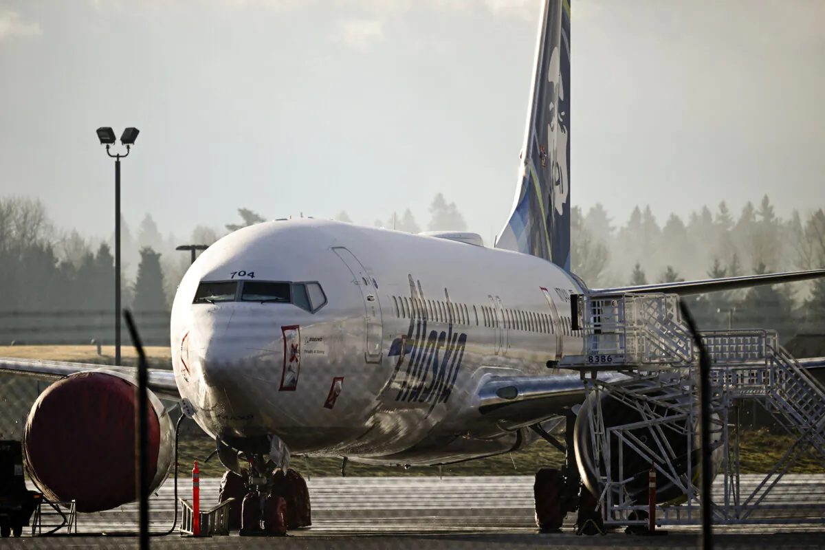 An Alaska Airlines flight that experienced a mid-air blow out is seen parked on the tarmac in Portland, Ore., on Jan. 23, 2024. (Patrick T. Fallon/AFP/Getty Images)