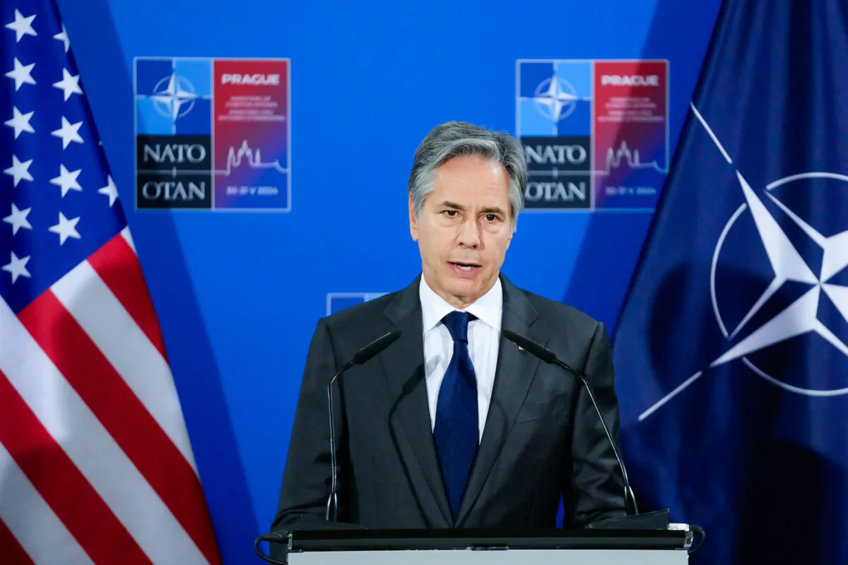 U.S. Secretary of State Antony Blinken speaks during a media conference after a meeting of NATO foreign ministers at the Czernin Palace, in Prague, Czech Republic, on May 31, 2024. (Peter David Josek/Pool/AFP via Getty Images))