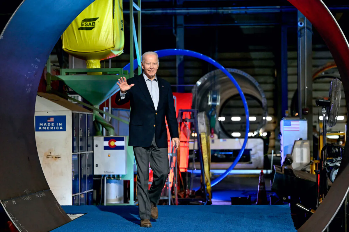 U.S. President Joe Biden arrives to deliver remarks on his "Bidenomics" economic plan, at CS Wind, the largest wind tower manufacturer in the world, in Pueblo, Col., on Nov. 29, 2023. (Andrew Caballero-Reynolds/AFP via Getty Images)