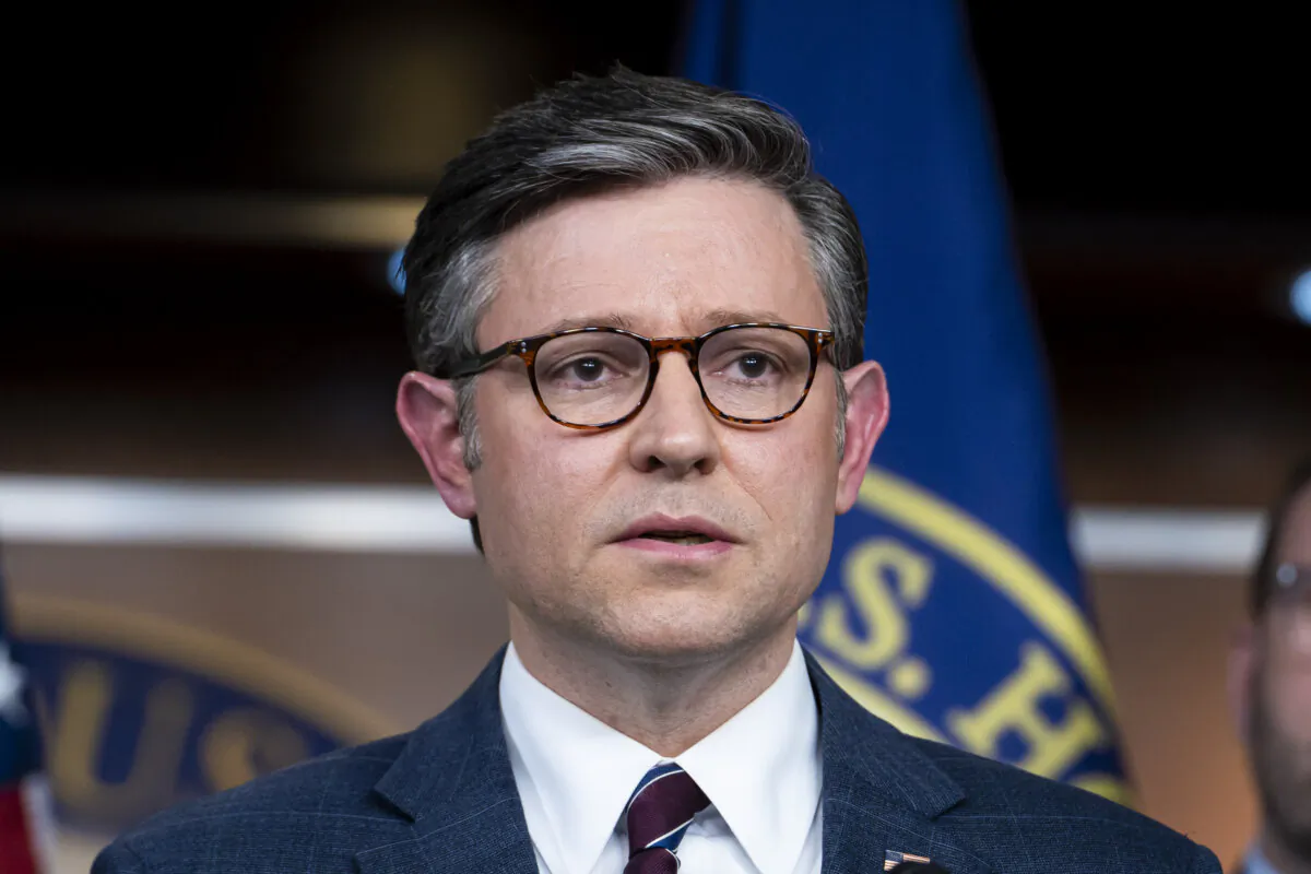 House Speaker Mike Johnson (R-La.) during a press conference about students protesting against the Israel-Gaza conflict across major universities in the United States, in Washington on April 30, 2024. (Madalina Vasiliu/The Epoch Times)