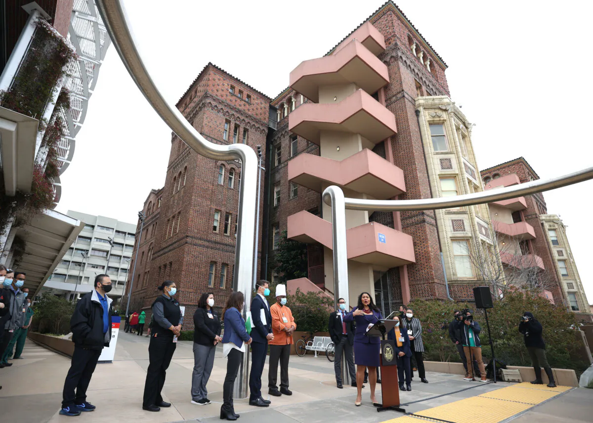 San Francisco Mayor London Breed speaks during a news conference outside of Zuckerberg San Francisco General Hospital in San Francisco on March 17, 2021. (Justin Sullivan/Getty Images)