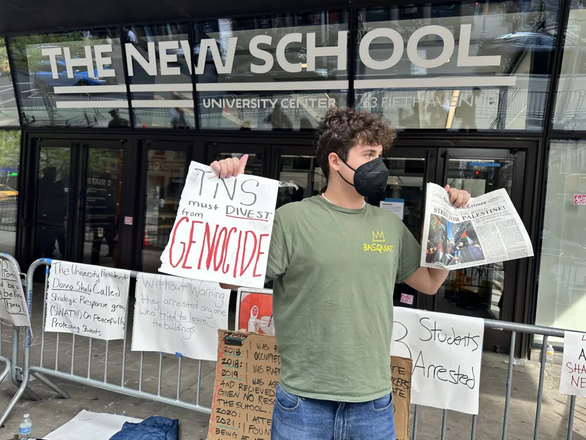 Noah Stojanovic, who was previously arrested at NYU on April 22, attends a New School protest on May 3, 2024. (Juliette Fairley/The Epoch Times)