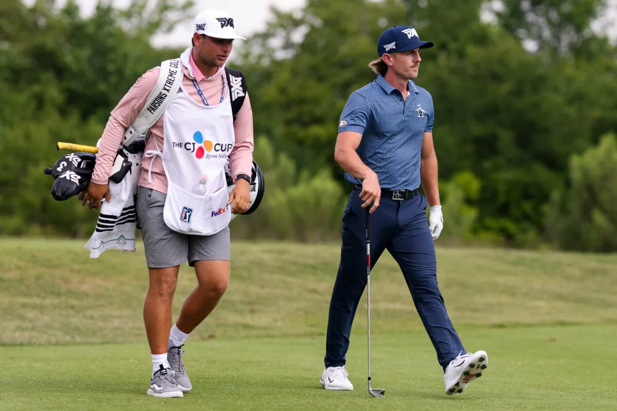 Jake Knapp and his caddie walk the fourth hole during the second round of THE CJ CUP Byron Nelson at TPC Craig Ranch in McKinney, Texas, on May 3, 2024. (Mike Mulholland/Getty Images for The CJ Cup)