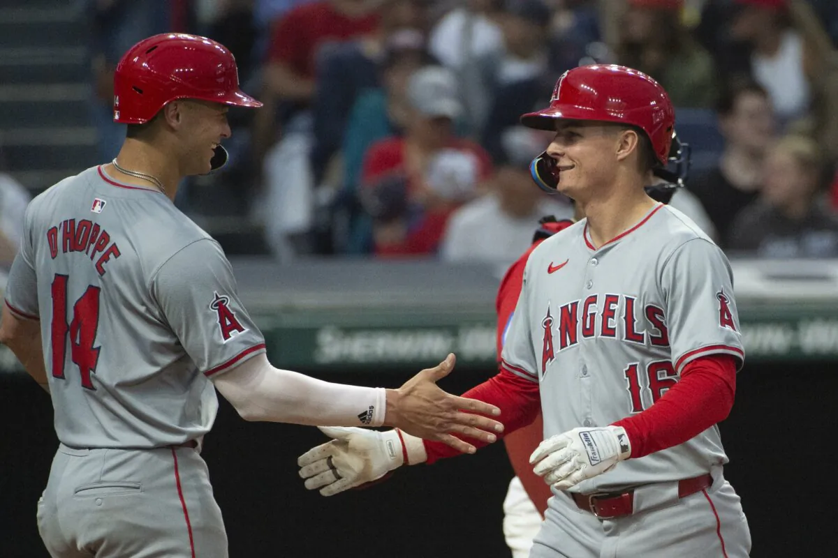 Los Angeles Angels' Logan O'Hoppe (14) congratulates Micky Moniak (R) after his three-run home run off Cleveland Guardians starting pitcher Tanner Bibee during the 4th inning of a baseball game in Cleveland on May 3, 2024. (Phil Long/AP Photo)
