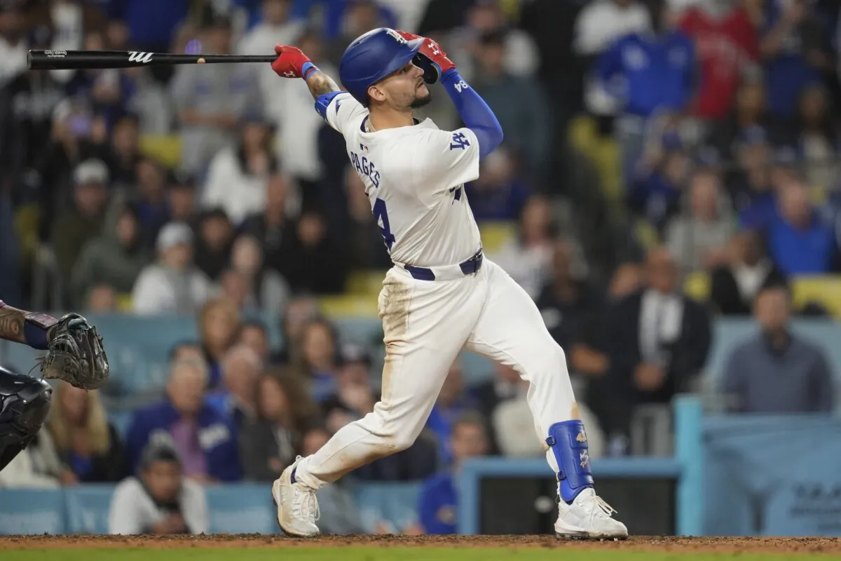 Los Angeles Dodgers' Andy Pages singles during the eleventh inning scoring Will Smith to win baseball game against the Atlanta Braves in Los Angeles on May 3, 2024. (Ashley Landis/AP Photo)