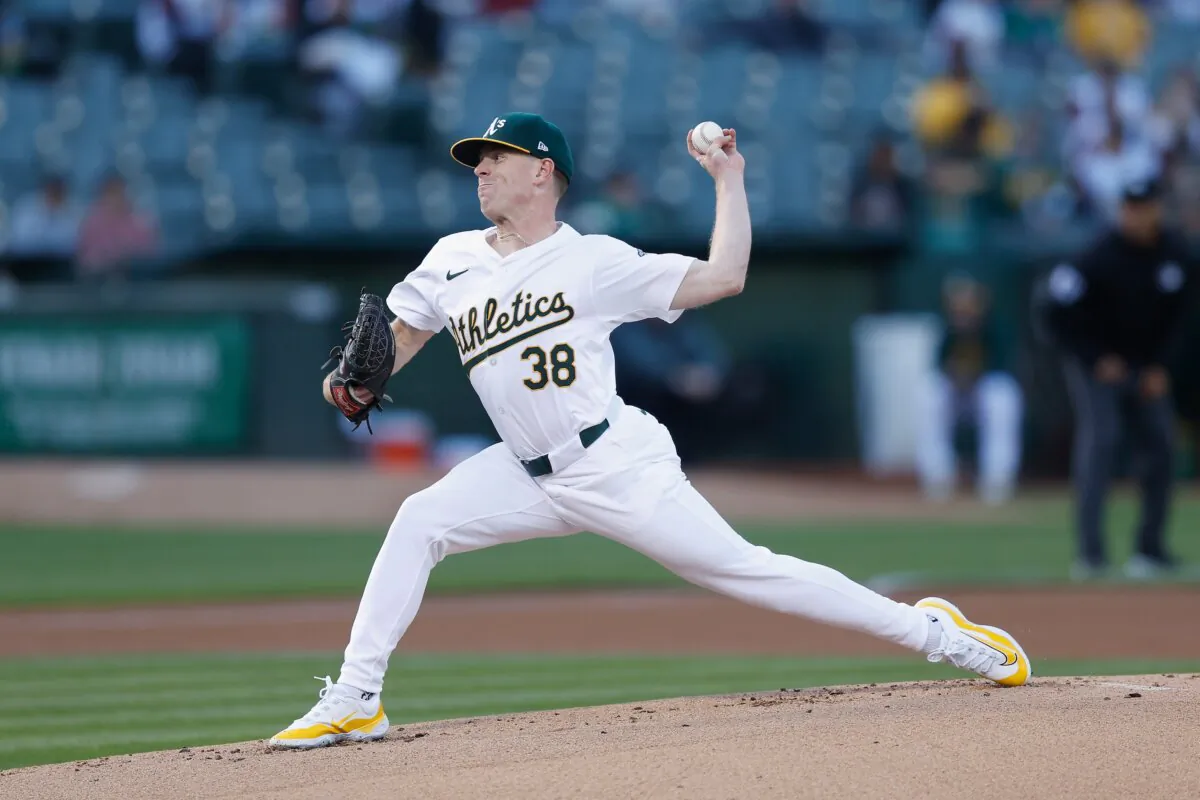 JP Sears (38) of the Oakland Athletics pitches in the top of the first inning against the Miami Marlins in Oakland on May 3, 2024. (Lachlan Cunningham/Getty Images)
