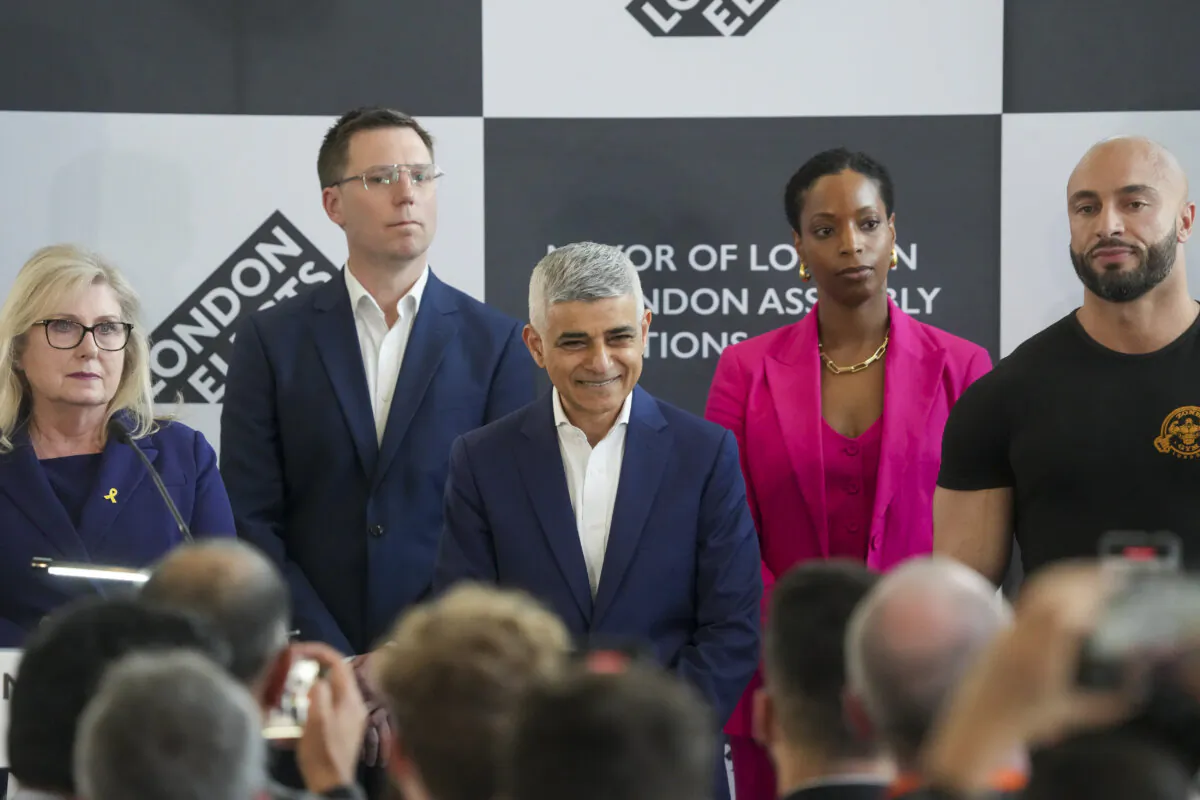 Labour's Sadiq Khan (C) is reelected as the Mayor of London, at City Hall, London, as (L–R) Conservative party candidate Susan Hall, Liberal Democrat candidate Rob Blackie, Independent candidate Natalie Campbell, and Independent candidate Andreas Michli look on, on May 4, 2024. (Jeff Moore/PA Wire)