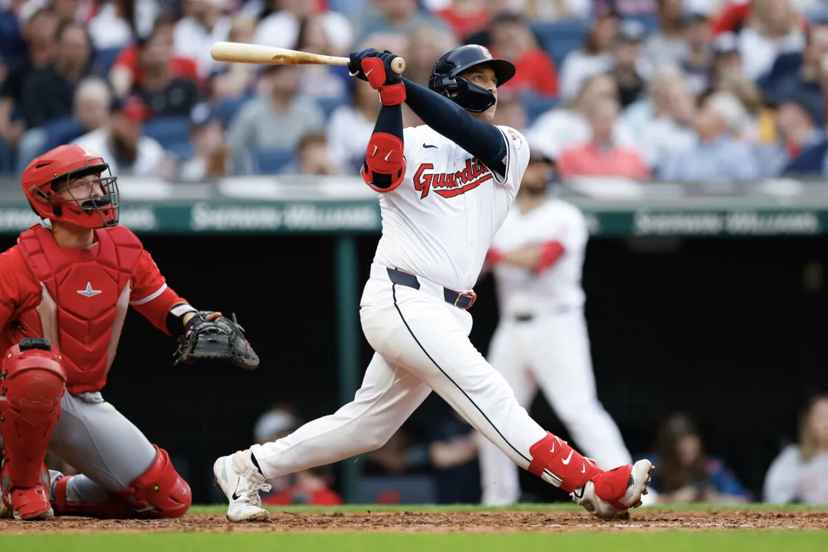 Bo Naylor (23) of the Cleveland Guardians hits a grand slam off Reid Detmers (48) of the Los Angeles Angels during the sixth inning in Cleveland on May 4, 2024. (Ron Schwane/Getty Images)