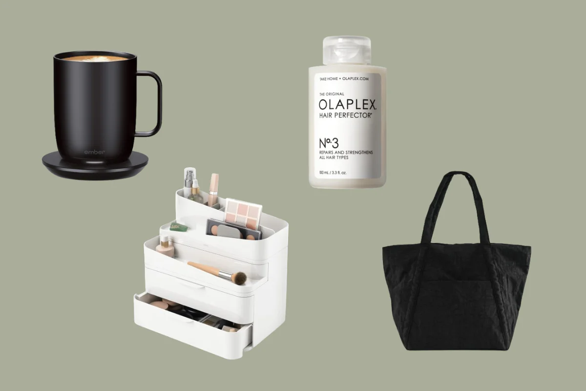 Ember Temperature Control Smart Mug, Umbra Glam Cosmetic Organizer, Olaplex Hair Perfector Repairing Treatment, Baggu Cloud Bag (Illustration by The Epoch Times, Amazon)