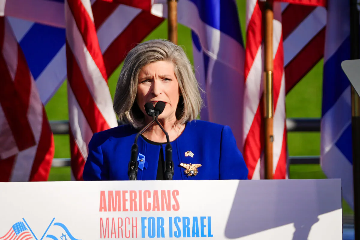 Sen. Joni Ernst (R-Iowa) speaks during a march for Israel in Washington on Nov. 14, 2023. (Madalina Vasiliu/The Epoch Times)