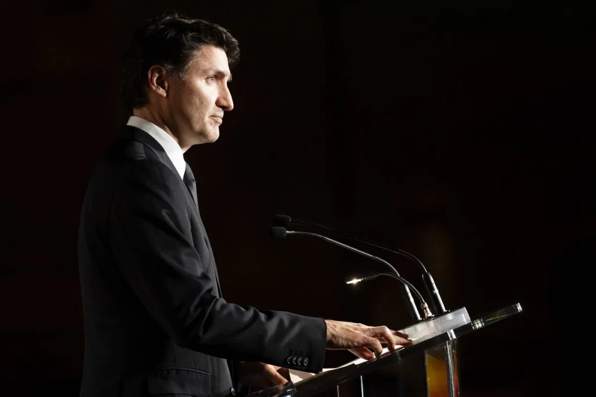 Prime Minister Justin Trudeau speaks to the audience during the Sikh Foundation Gala in Toronto on May 4, 2024. (The Canadian Press/Arlyn McAdorey)
