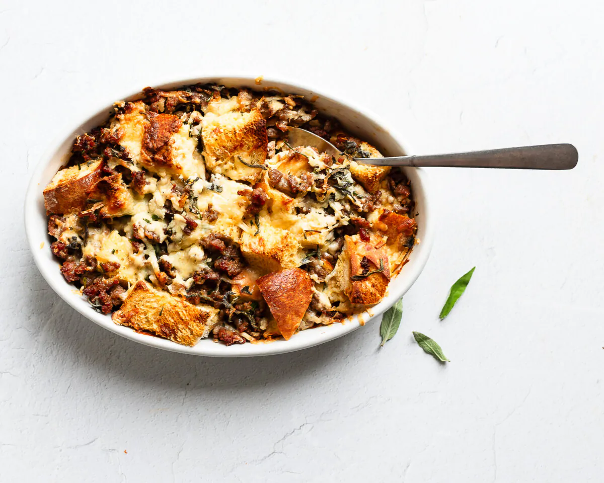 This savory strata can be prepped the night before for an easy, delicious breakfast. (Jennifer McGruther)