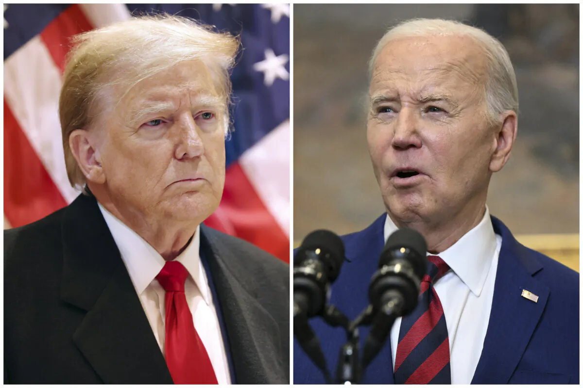 (Left) Former President Donald Trump in New York on March 25, 2024. (Michael M. Santiago/Getty Images) (Right) President Joe Biden in the Roosevelt Room of the White House on March 26, 2024. (Pedro Ugarte/AFP via Getty Images)