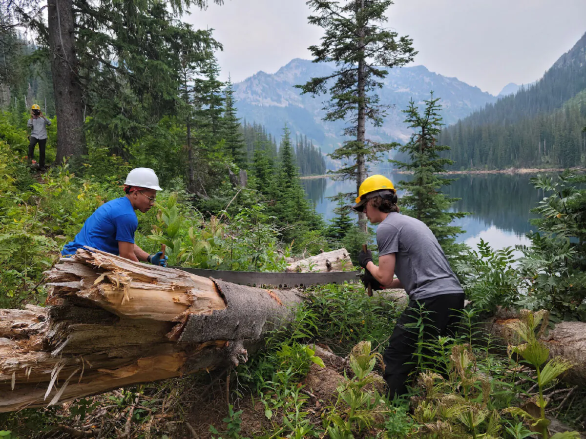 Volunteers from the American Hiking Society help clear vegetation in Bitterroot National Forest, which spans parts of Montana and Idaho. (Photo courtesy of Shannon Loehrkell/Dreamstime)