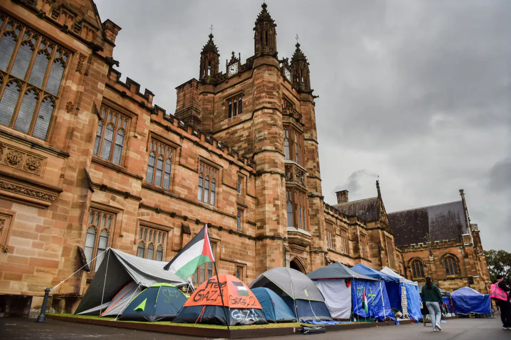 Student activists have put up tents to set up a protest camp site for Palestine at the University of Sydney in Sydney, Australia on May 3, 2024. (Ayush Kumar/AFP via Getty Images)