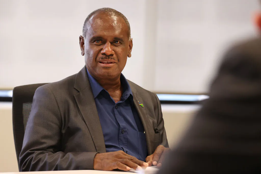 Former Solomon Islands' foreign affairs minister, and now prime minister, Jeremiah Manele, meeting with Phil Twyford, former New Zealand Minister of Disarmament in Auckland, New Zealand, on Oct. 4, 2022. (Fiona Goodall/Getty Images)