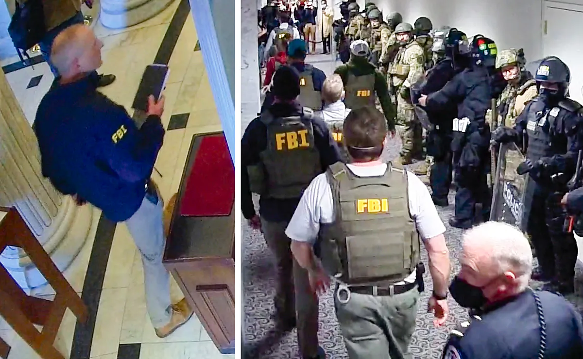 An FBI special agent (L) responds to the shooting of Ashli Babbitt at the U.S. Capitol. FBI agents (R) escort senators from the Hart Senate Office Building to the Capitol on Jan. 6, 2021. (U.S. Capitol Police/Graphic by The Epoch Times)