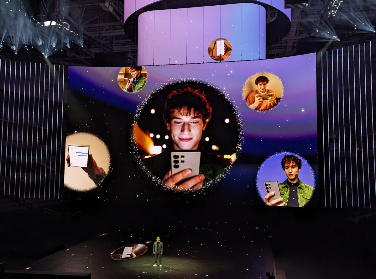 Samsung vice president of product management unveils new flagship Galaxy phones packed with artificial intelligence features at a media event in the Silicon Valley city of San Jose, Calif., on Jan. 17, 2024. (Glenn Chapman/AFP via Getty Images)