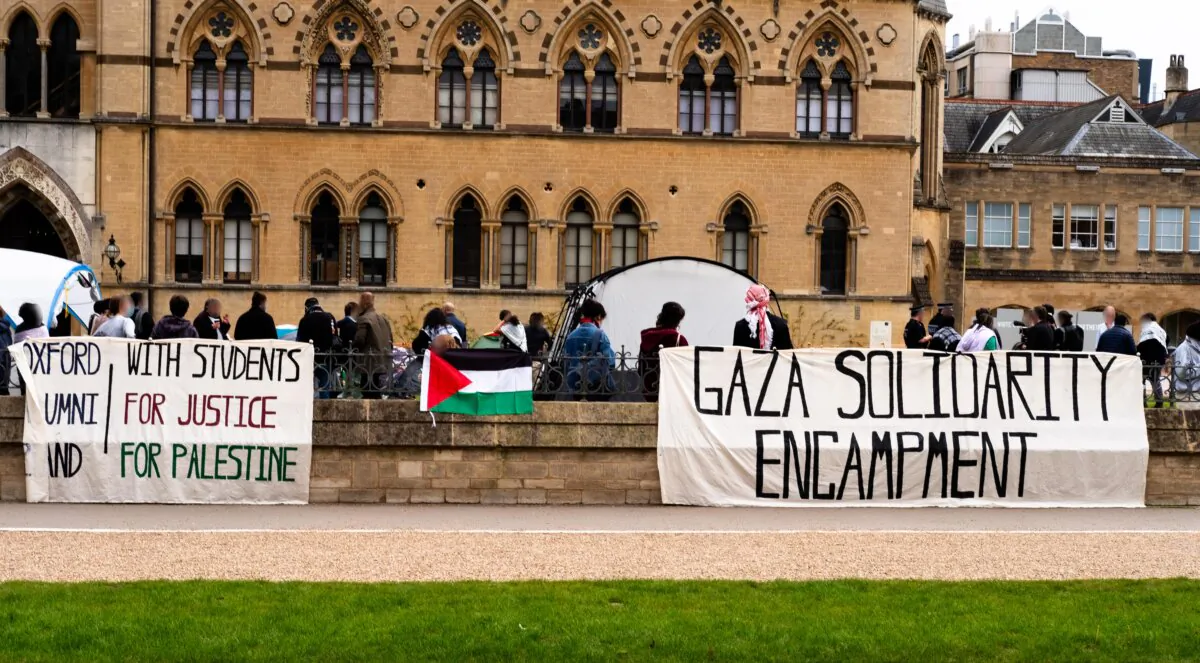 Students protest outside Pitt Rivers Museum at Oxford University in Oxford, England, on May 6, 2024. 
(Oxford Action for Palestine/PA)