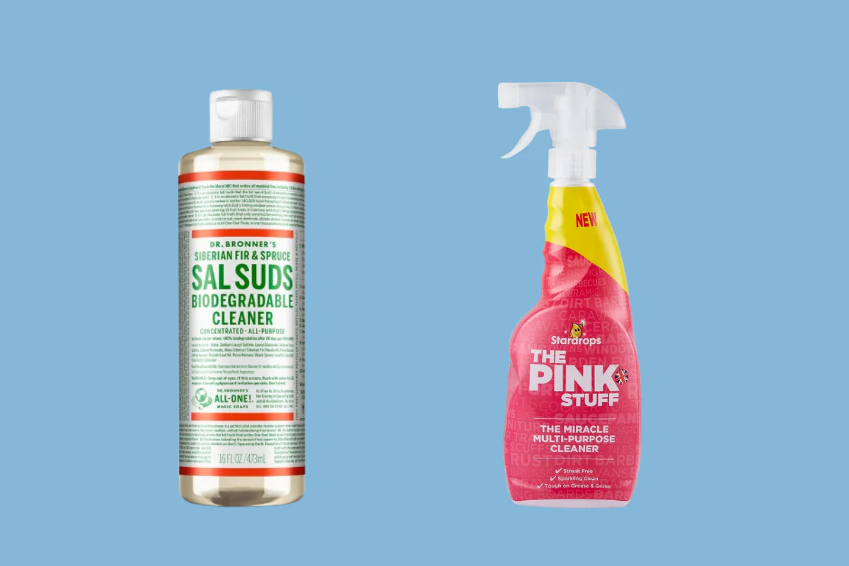 (Left) Dr. Bronner's Sal Suds Biodegradable Cleaner (Right) Stardrops The Pink Stuff Multi-Purpose Cleaner Spray (Illustration by the Epoch Times, Amazon)