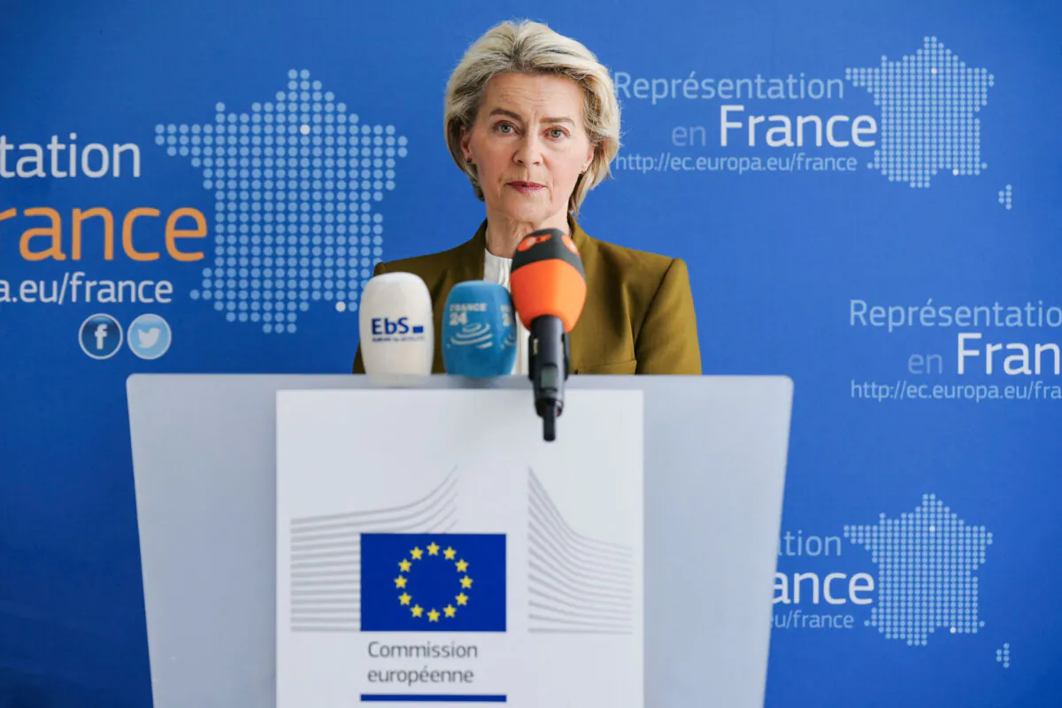 European Commission President Ursula von der Leyen delivers a speech to the press at the French representation of the European Commission in Paris on May 6, 2024. (Dimitar Dilkoff/AFP via Getty Images)