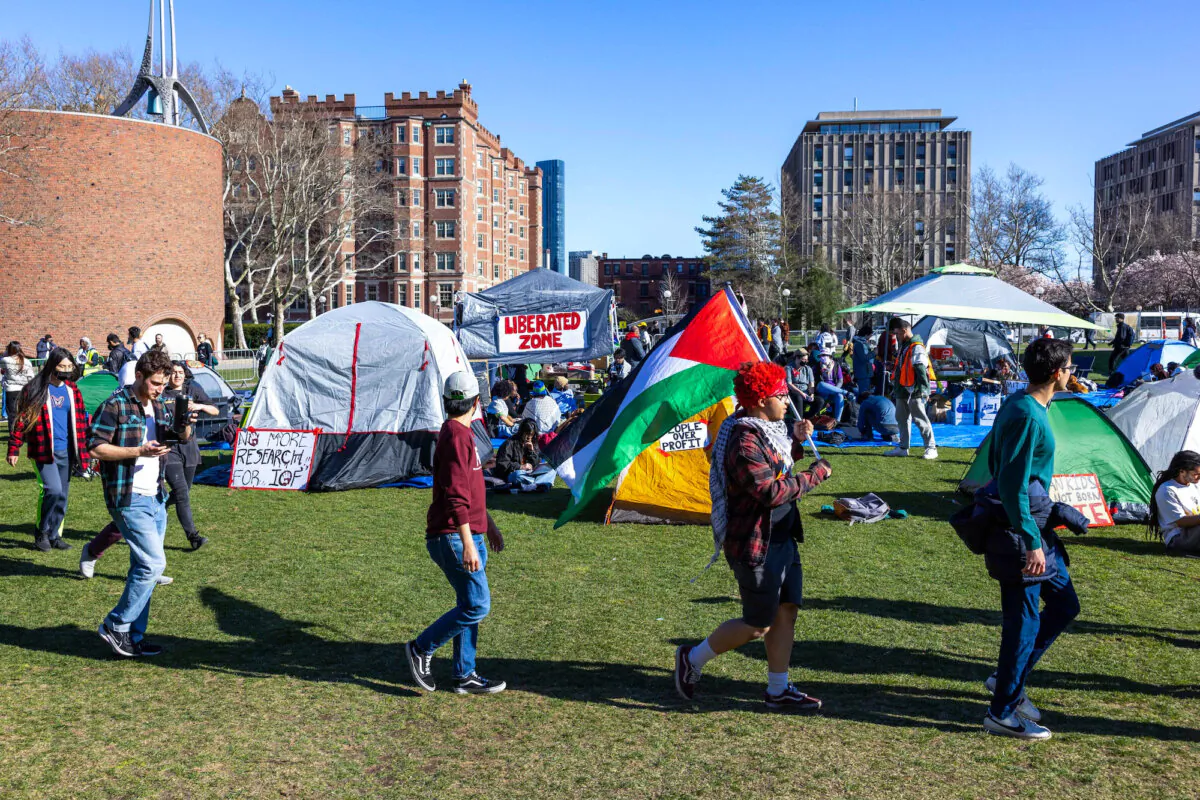People rally at a protest encampment on Massachusetts Institute of Technology's (MIT) Kresge Lawn, in Cambridge, Mass., on April 22, 2024. (Scott Eisen/Getty Images)
