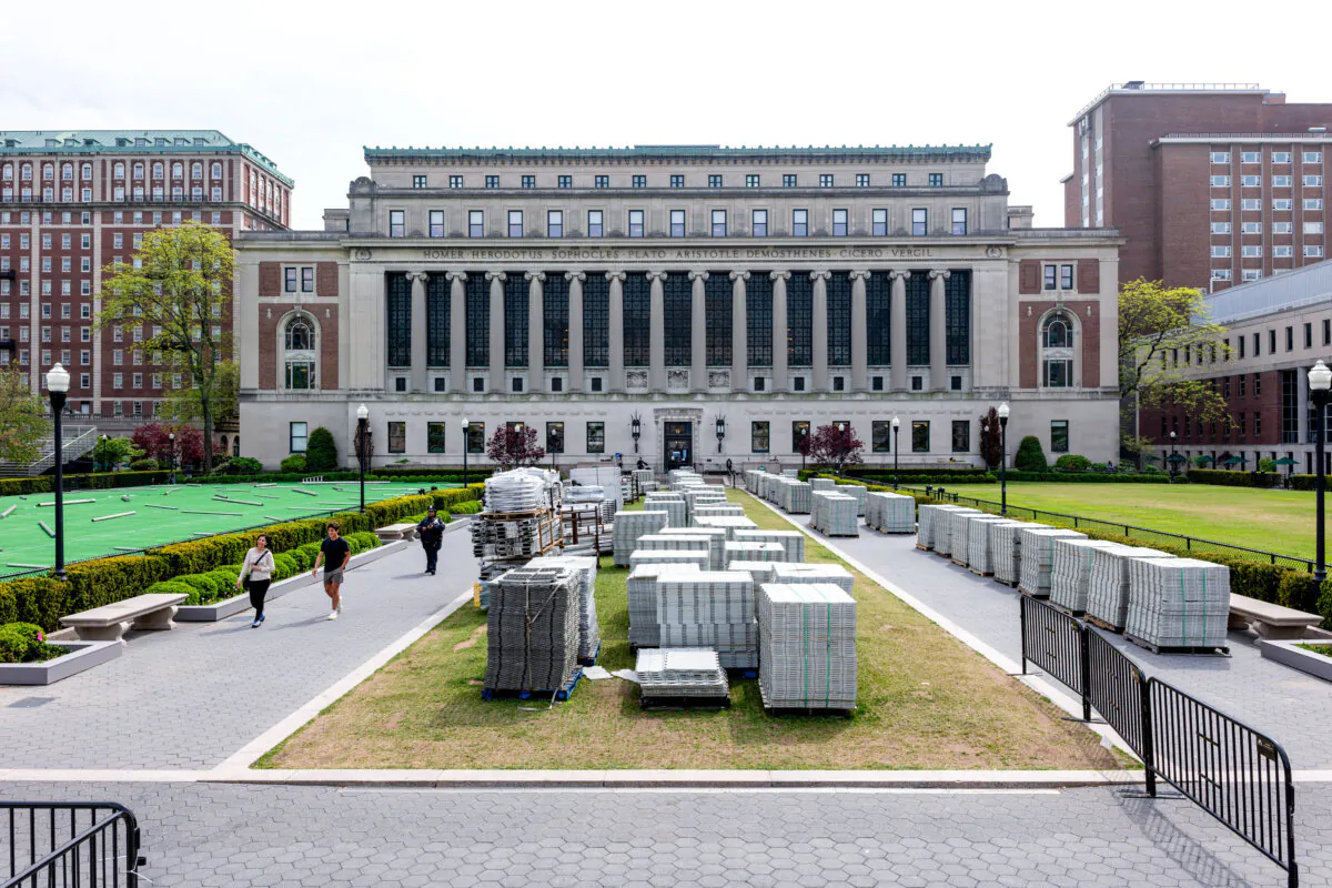 Equipment for commencement exercises, now cancelled, sits at the main campus of Columbia University in New York on May 6, 2024. (Spencer Platt/Getty Images)