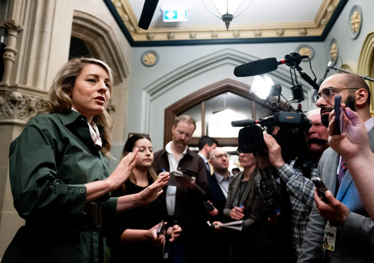 Minister of Foreign Affairs Mélanie Joly speaks to reporters before a cabinet meeting on Parliament Hill in Ottawa, on May 7, 2024. (The Canadian Press/Spencer Colby)