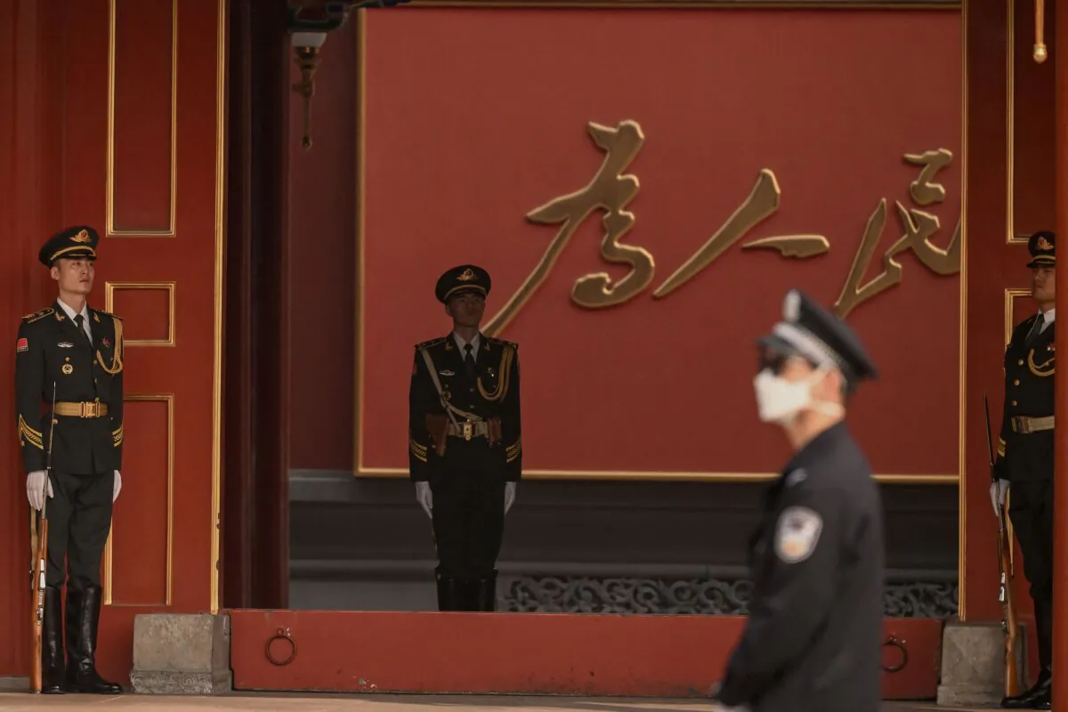 Security personnel stand guard at Zhongnanhai near Tiananmen Square ahead of China's 20th Communist Party Congress in Beijing on Oct. 13, 2022. (Noel Celis/AFP via Getty Images)