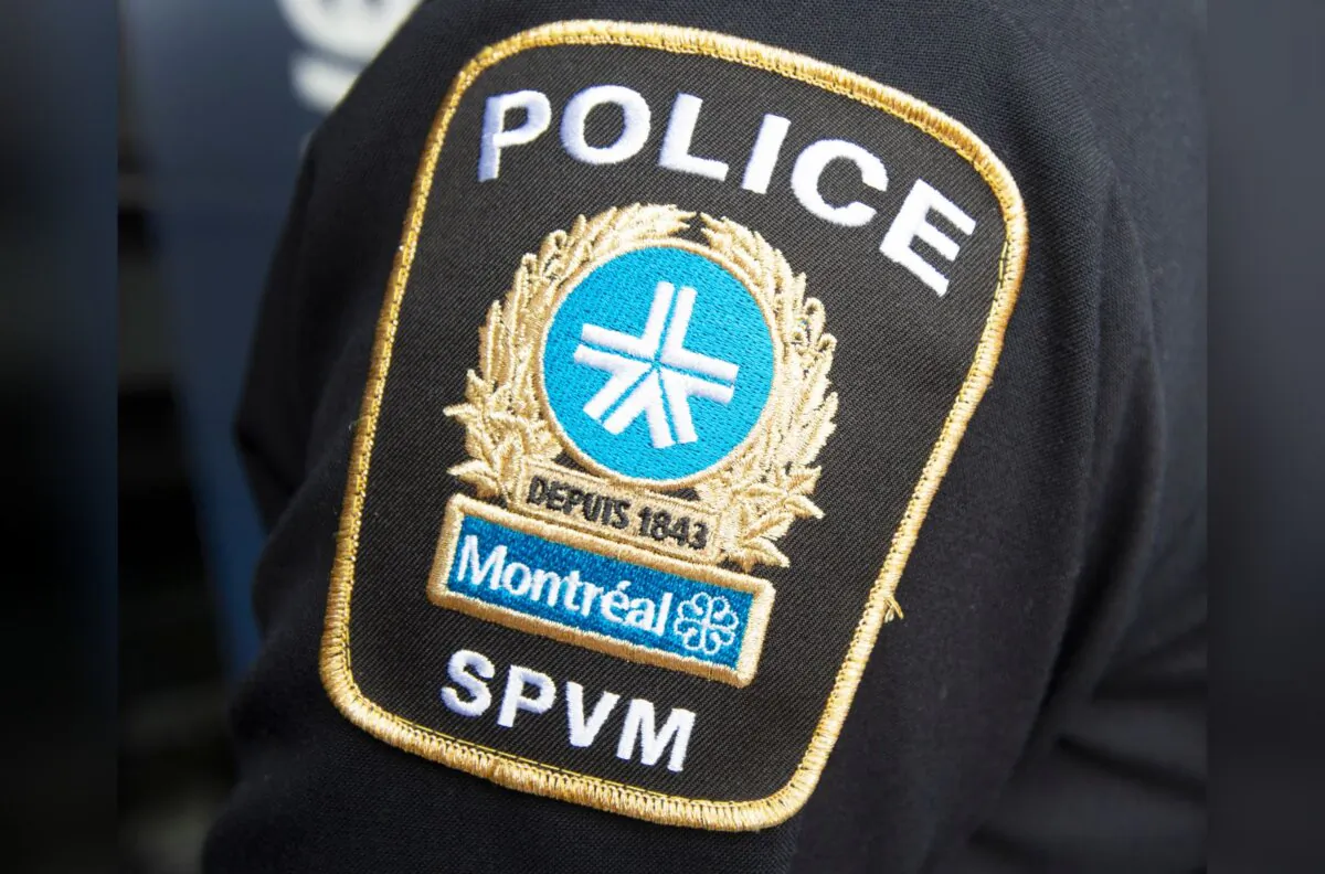 A Montreal police patch is seen on an officer during a news conference in Montreal, on March 25, 2021. (The Canadian Press/Ryan Remiorz)