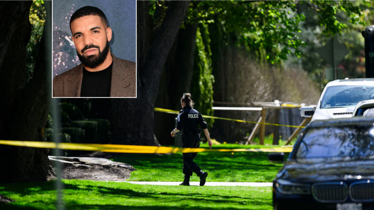 (Top) Drake attends the LA Premiere of HBO's "Euphoria" at The Cinerama Dome in Los Angeles on June 4, 2019. (Kevin Winter/Getty Images) (Bottom photo) Toronto police patrol outside the home of Canadian rapper Drake after reports of a shooting early on May 7, 2024. (Christopher Katsarov Luna /AFP via Getty Images)