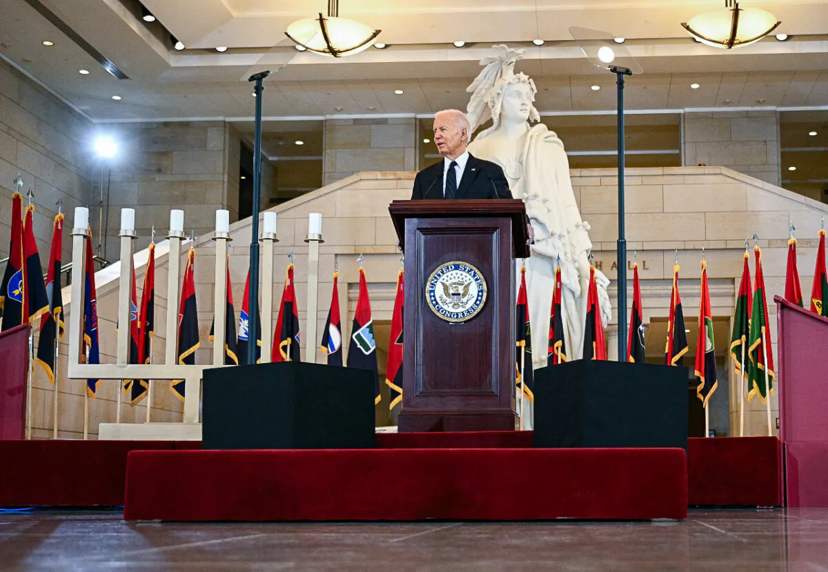 President Joe Biden speaks at the annual Days of Remembrance ceremony for Holocaust survivors at the U.S. Capitol on May 7, 2024. (Brendan Smialowski/AFP via Getty Images)