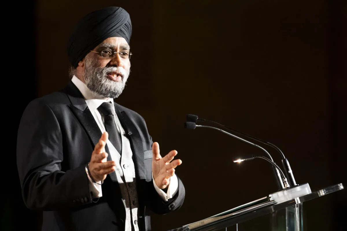 Harjit Sajjan, Canada’s federal minister of emergency preparedness, speaks to the audience during the Sikh Foundation Gala in Toronto on May 4, 2024. (The Canadian Press/Arlyn McAdorey)