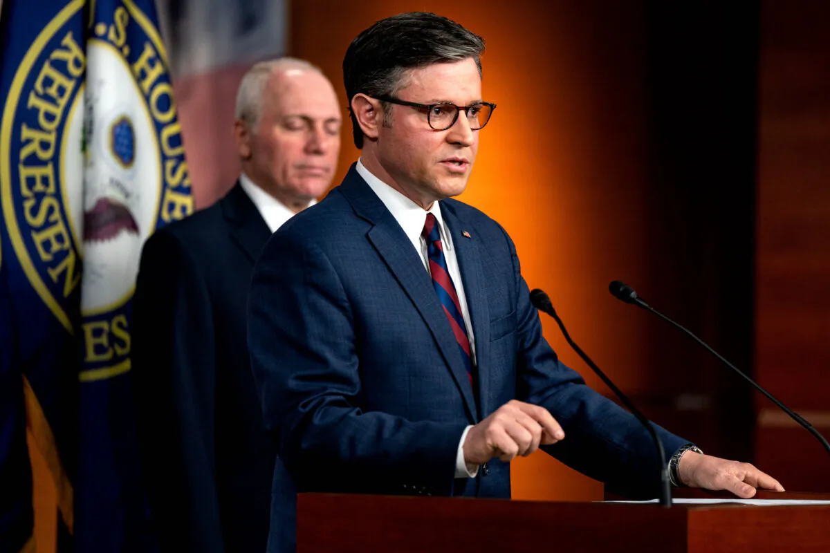 Speaker of the House Mike Johnson (R-La.) speaks during a news conference following a meeting of the House Republican Conference at the U.S. Capitol in Washington on May 7, 2024. (Kent Nishimura/Getty Images)