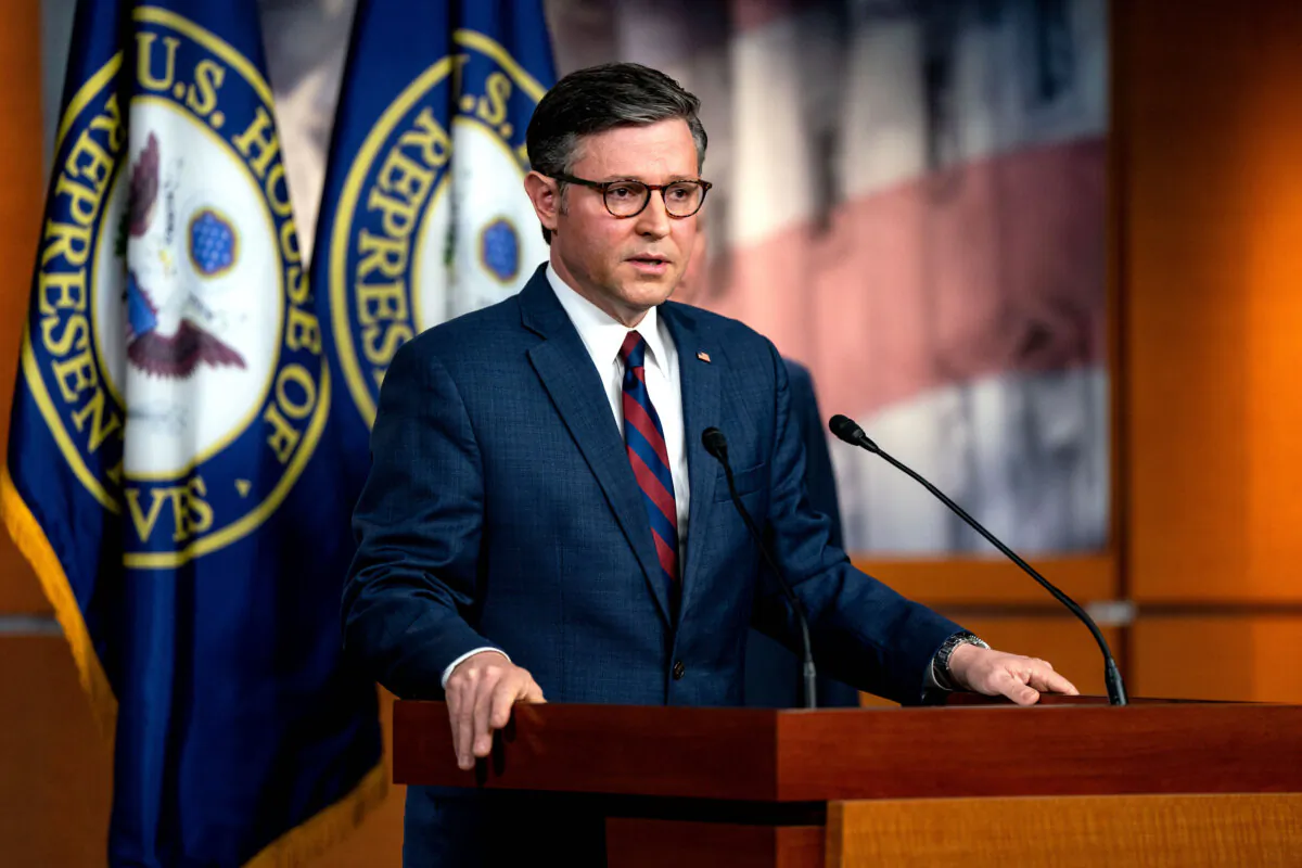 Speaker of the House Mike Johnson (R-La.) speaks during a news conference following a meeting of the House Republican Conference at the U.S. Capitol in Washington on May 7, 2024. (Kent Nishimura/Getty Images)