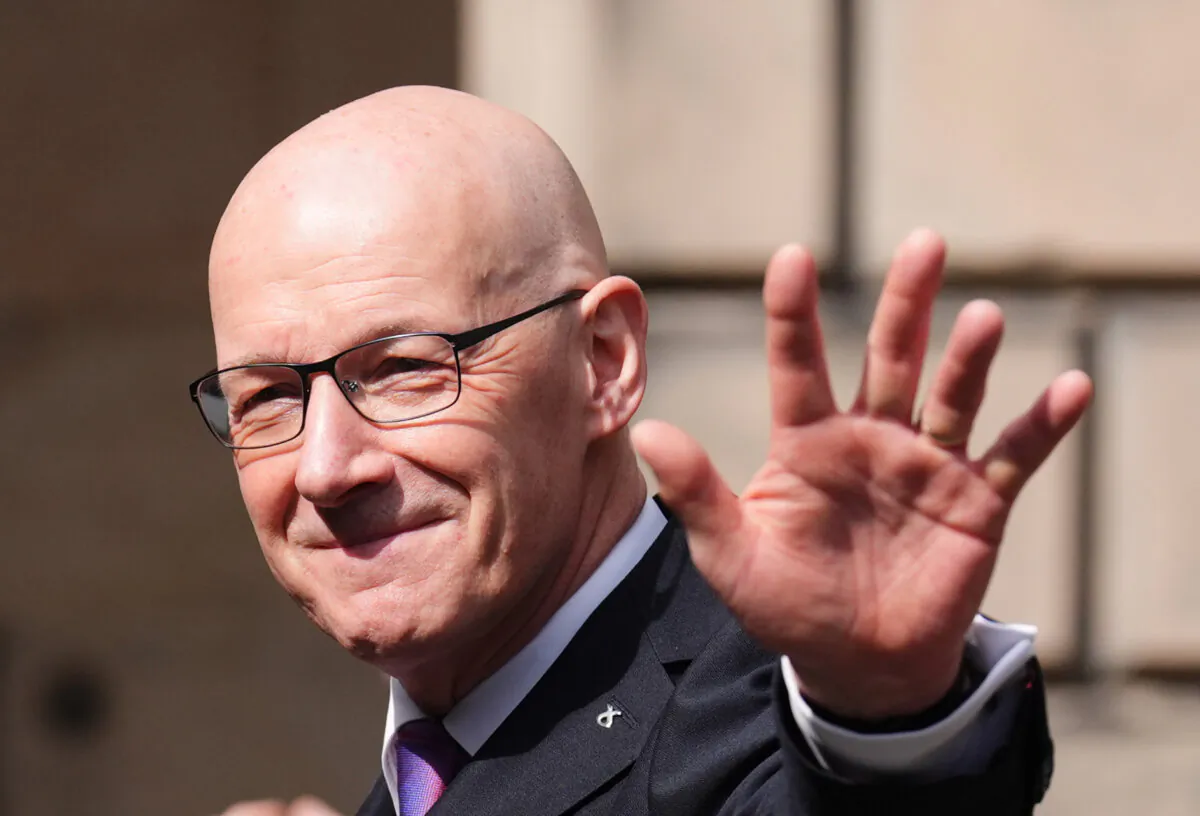 John Swinney after speaking to the media after he is sworn in as first minister of Scotland and keeper of the Scottish Seal at the Court of Session in Edinburgh, Scotland, on May 8, 2024. (Andrew Milligan/PA)
