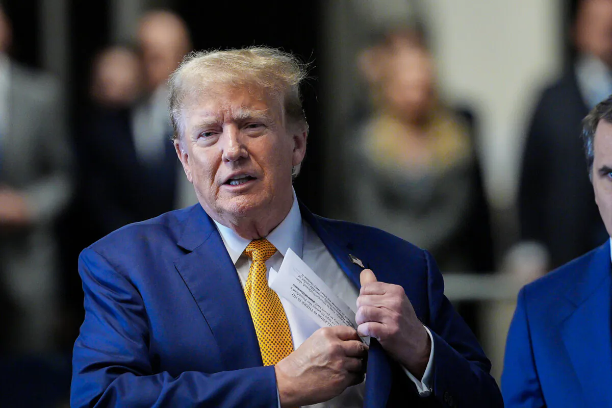 Former President Donald Trump speaks to the media before appearing in court at his trial for allegedly covering up hush money payments at Manhattan Criminal Court in New York on May 7, 2024. (Curtis Means-Pool/Getty Images)