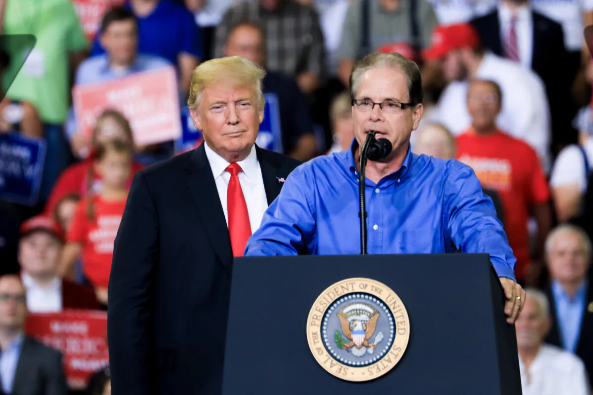 Then-Senate hopeful Mike Braun speaks at President Donald Trump’s Make America Great Again rally in Evansville, Ind., on Aug. 30, 2018. (Charlotte Cuthbertson/The Epoch Times)