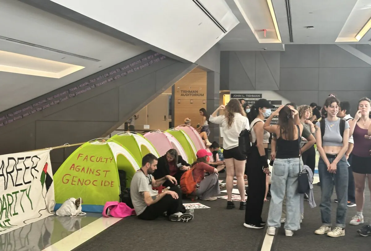 A Refaat Alareer Faculty Solidarity Encampment was installed on May 8, 2024 at the New School for Social Research in Manhattan. (Juliette Fairley/The Epoch Times)