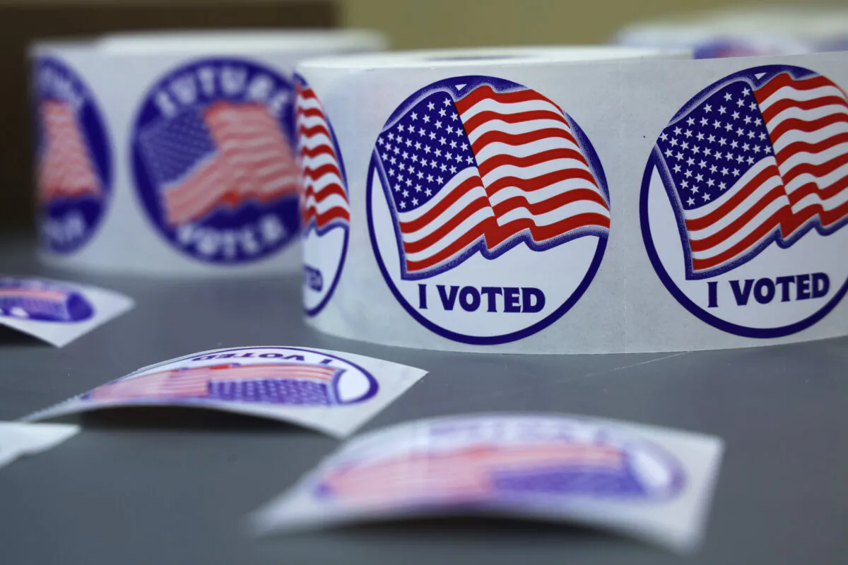 "I Voted" stickers are seen at a polling station in Alexandria, Va., on June 21, 2022. (Alex Wong/Getty Images)