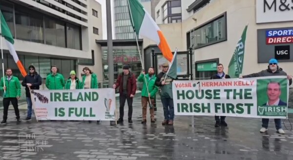 Irish Freedom Party candidates hold banners in Athlone, Ireland on March 24, 2024. (Screenshot/ Epoch TV)
