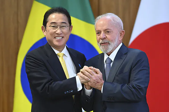 Brazilian President Luiz Inácio Lula da Silva (R) and Japanese Prime Minister Fumio Kishida are seen during a press conference at the Planalto Palace in Brasilia, Brazil, on May 3, 2024. (Ton Molina/Bloomberg via Getty Images)
