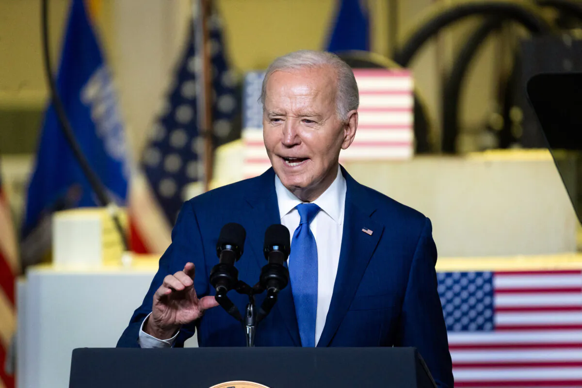 President Joe Biden speaks to guests during an event at Gateway Technical College’s iMet Center in Sturtevant, Wis., on May 8, 2024. (Scott Olson/Getty Images)