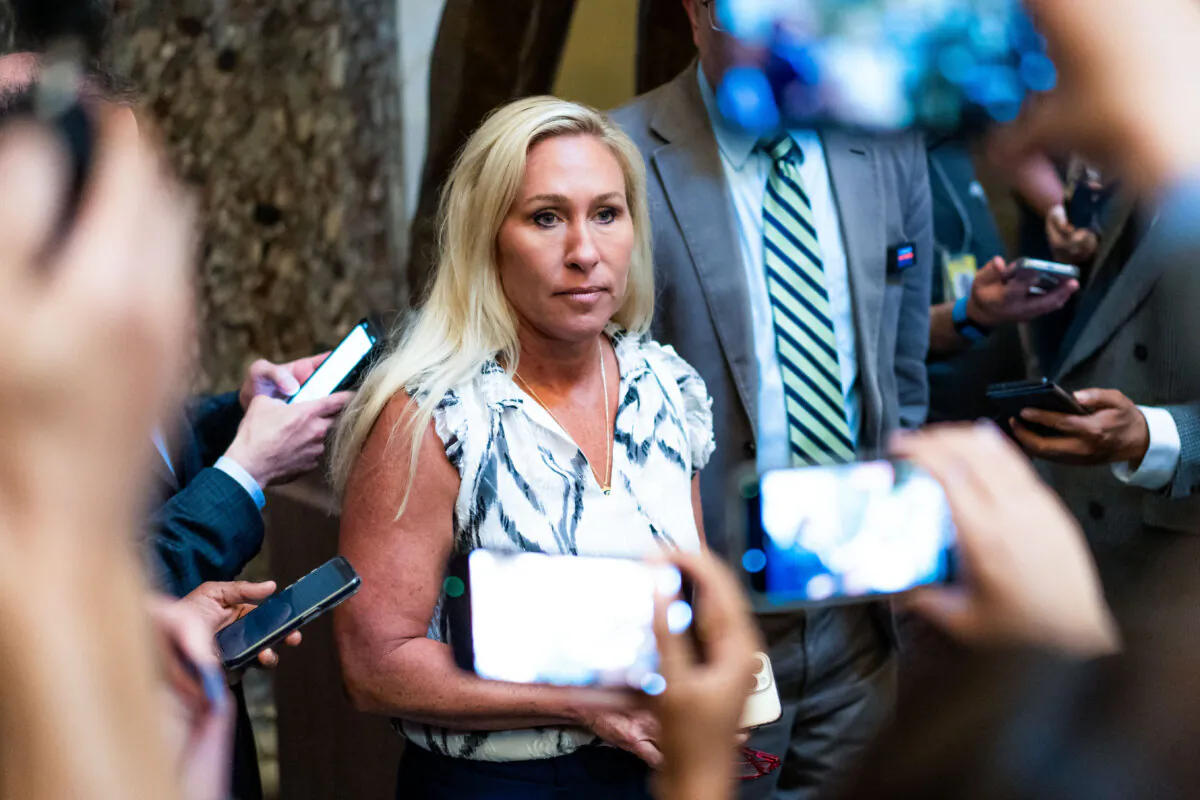 Rep. Marjorie Taylor Greene (R-Ga.) speaks to the media after meeting with House Speaker Mike Johnson (R-La.) in Washington on May 6, 2024. (Madalina Vasiliu/The Epoch Times)