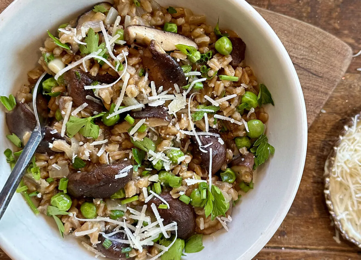 Earthy mushrooms and sweet peas complement and contrast the rustic farro in this dish. (Lynda Balslev for Tastefood)