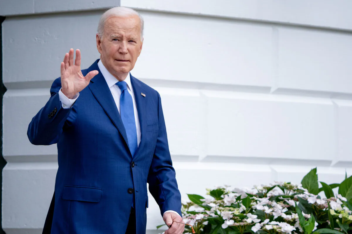 President Joe Biden waves as he walks to Marine One on the South Lawn of the White House in Washington on May 8, 2024. (Andrew Harnik/Getty Images)