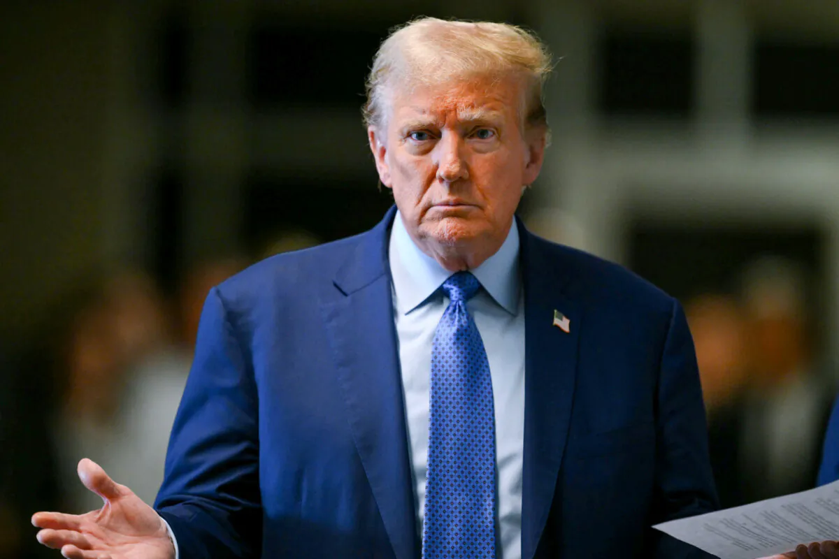 Former President Donald Trump speaks to the media as he attends his trial for allegedly covering up hush money payments at Manhattan Criminal Court on May 9, 2024 in New York City. (Angela Weiss-Pool/Getty Images)