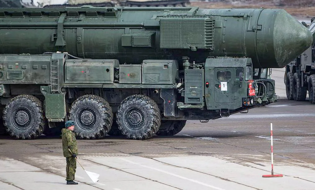 A Russian RS-24 Yars mobile missile system at Alabino training ground in Russia is capable of launching large ICBMs as well as missiles fitted with "low-yield" tactical non-strategic nuclear warheads. (Sergei Bobylev/Russian Defence Ministry Press Office/TASS)
