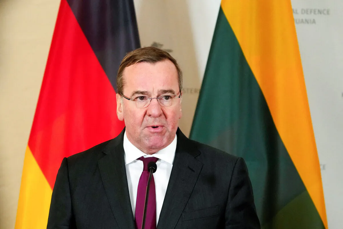 German Defense Minister Boris Pistorius speaks during news conference in Vilnius, Lithuania, on March 7, 2023. (Ints Kalnins/Reuters)