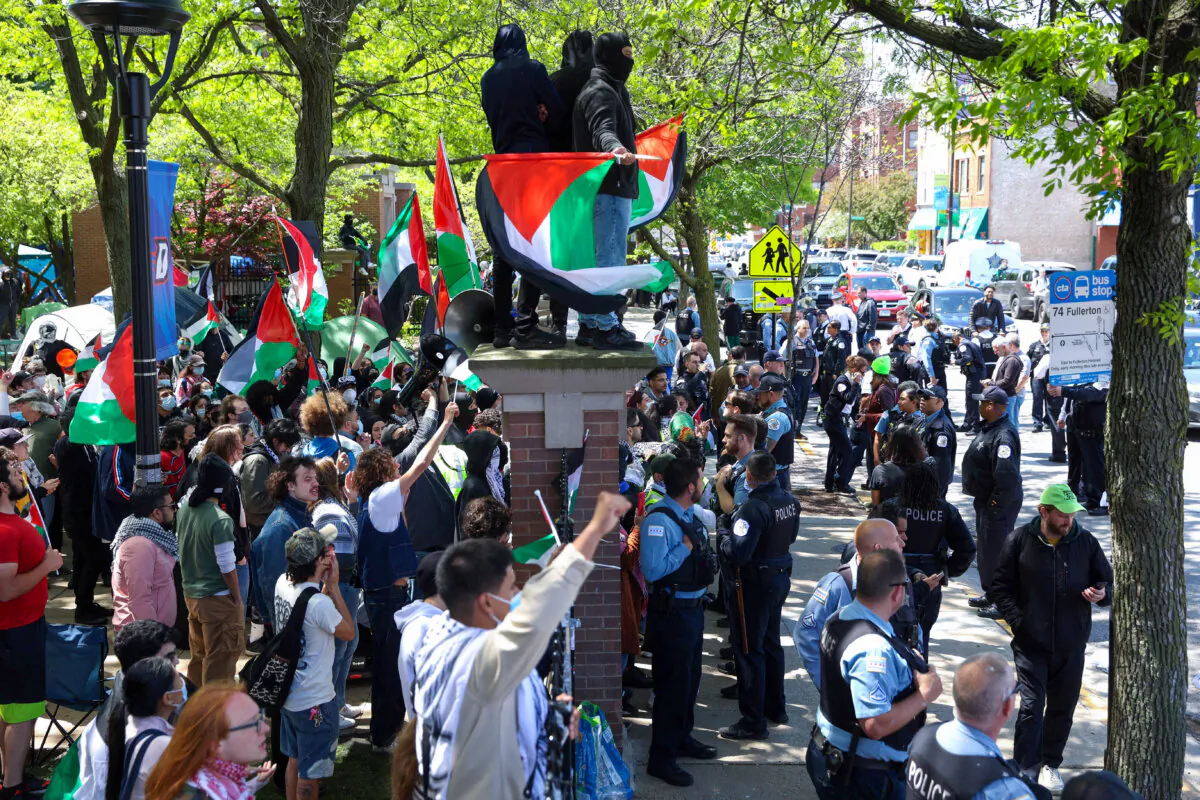 Pro-Palestinian demonstrators gather at the University of DePaul Lincoln Park campus in Chicago, Ill., on May 5, 2024. (Alex Wroblewski/AFP/Getty Images)